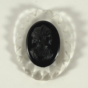 Lg Vtg Ladies Cameo Mourning Brooch Clear Black Lucite? Victorian Jewelry 3"